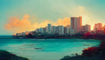 Sheer curtains Watercolor painting skyscraper Honolulu cityscape ocean evening sky view painting