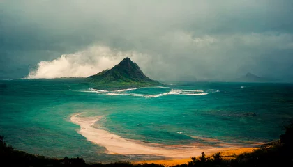 Fototapeten Oahu hawaii ocean island mountain water sky cloud © AloneArt