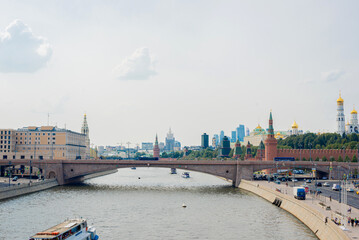 View of the Moscow Kremlin on the bank of the Moscow river. Cityscape of Moscow. Summer 2022