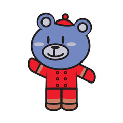 cartoon kawaii blue teddy bear in red winter clothes, vector illustration