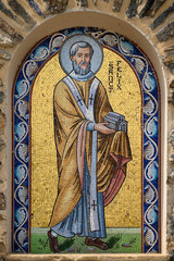 Mosaic of Saint Felix. (Pope Felix IV, lived 489/490 – 530) The Church of Saints Cosmas & Damian in Clervaux, Luxembourg. 2021/07/10.
