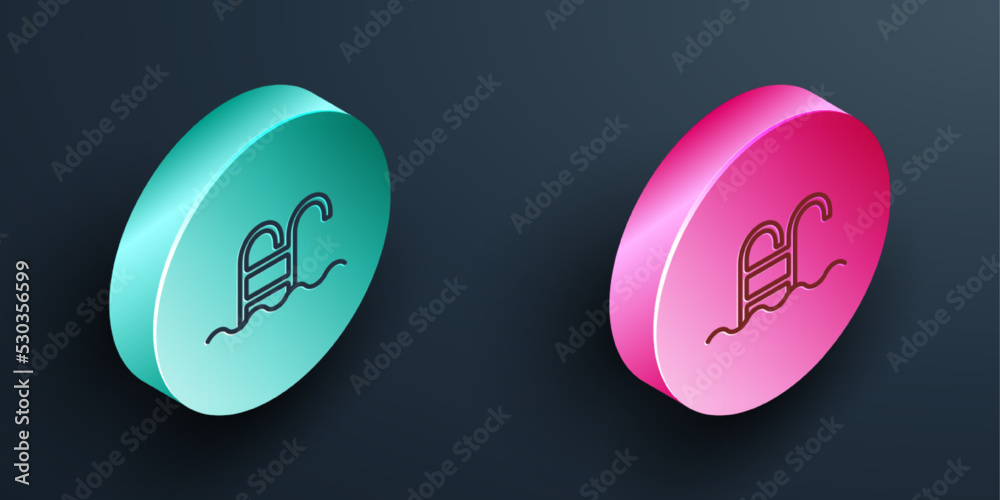 Canvas Prints Isometric line Swimming pool with ladder icon isolated on black background. Turquoise and pink circle button. Vector