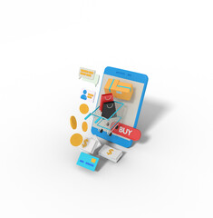 3d Illustration of online shop app on mobile