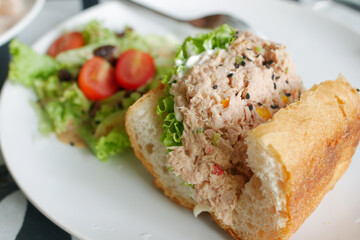 Tuna sandwich and fresh salad on a plate on table ,