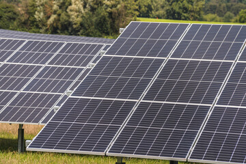 Solar panels (solar cell) in solar farm with sun lighting to create the clean electric power