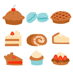 Set of Bakery and Pastry Desserts with Chocolate, Vanilla, Cherry and Strawberry flavors. Cake, Pie, Cupcake, Muffin, Cheesecake, Roll