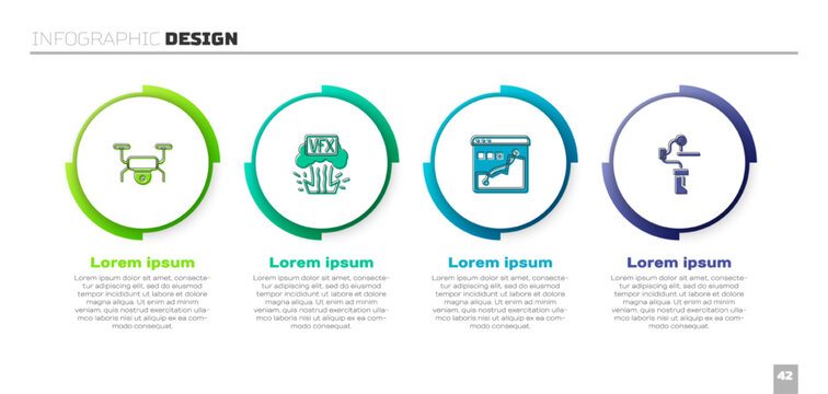 Set Drone flying, VFX, Histogram graph photography and Gimbal stabilizer for camera. Business infographic template. Vector