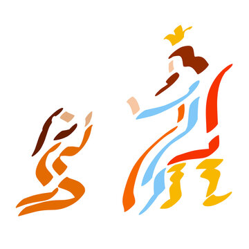 parable of the merciless debtor, the king mercifully forgives the servant, begging, kneeling, colorful abstract pattern