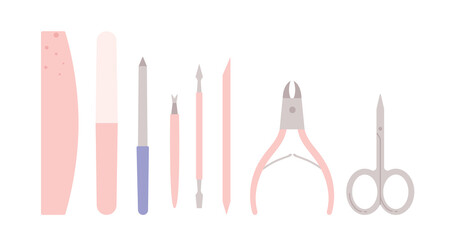 Manicure tools set. Nail scissors, file, buffer, cuticle trimmer, nippers, pusher. Products for nail care in the salon or at home. Vector illustration in cartoon style. Isolated white background