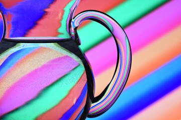 Ilusión óptica creada mediante la refracción de la luz con un recipiente de crital lleno  de agua y lineas diagonales de colores	
