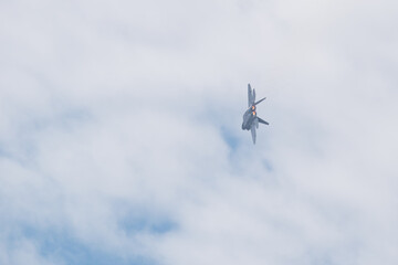 Fototapeta na wymiar Avion de combate de ultima generacion maniobrando con postcombustion con cielo nuboso