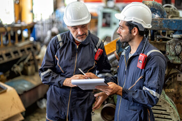 In heavy industry maintenance manager meet engineer checking and agreement hand check and sign on...