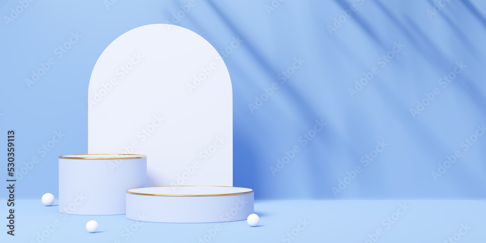 Wall mural 3d white cylinder podium with gold border, shadow palm leaf on blue arch and copy space background. 