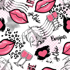 Fashion seamless pattern. Bonjour Paris. pattern with hand drawn  Eiffel Tower and lips. for  fashion clothes, t shirt, child, wrapping paper. Creative girlish design   © SokolArtStudio