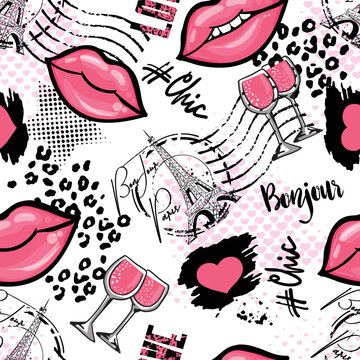 Fashion seamless pattern. Bonjour Paris. pattern with hand drawn  Eiffel Tower and lips. for  fashion clothes, t shirt, child, wrapping paper. Creative girlish design  