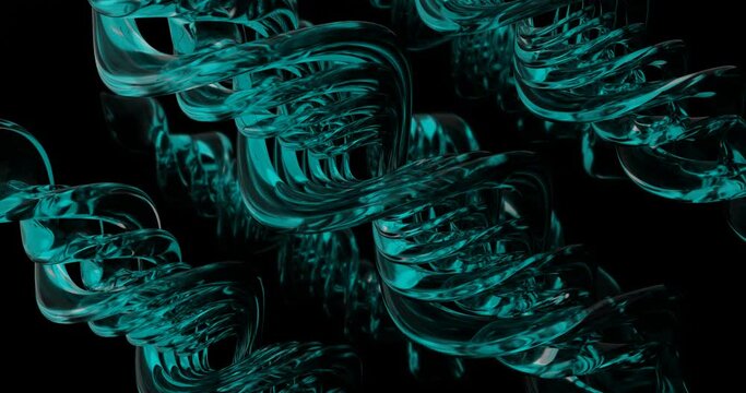 Animation of glass, spirals of golden abstract curved lines and shapes developing in a spiral. Organic view. 3D rendering.