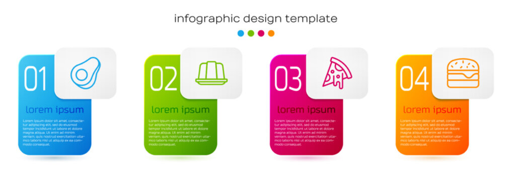 Set line Avocado fruit, Jelly cake, Slice of pizza and Burger. Business infographic template. Vector
