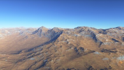 Mars like red planet, with arid landscape, rocky hills and mountains, for space exploration and science fiction backgrounds.