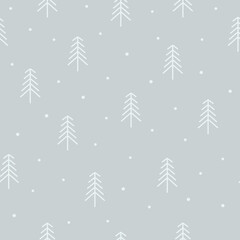 Fototapeta na wymiar Christmas seamless pattern of cute winter forest on grey background. Hand drawn line art pine trees.
