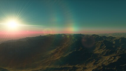 Mars like red planet, with arid landscape, rocky hills and mountains, for space exploration and science fiction backgrounds.