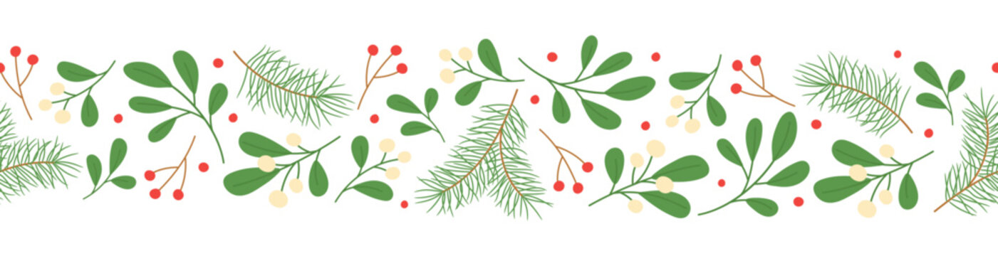 WebSeamless border with winter twigs on white background. Template for winter Christmas design 