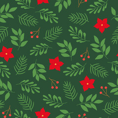 Seamless pattern with winter twigs and poinsettia flowers on green background. Good for fabric, wallpaper, packaging, textile, web design.