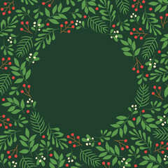 Frame with winter twigs and berries on green background. Template for greeting cards, invitation, poster, banner, flyer.