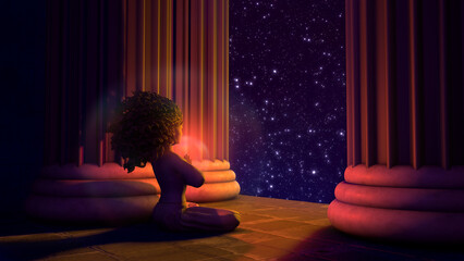 3d illustration prayer on a clear night at the pillars of the temple - obrazy, fototapety, plakaty