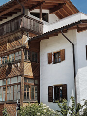 Old historic architecture in Italy. Traditional European old town buildings. Aesthetic summer travel concept. Sunlight shadows