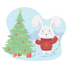 The rabbit decorates the Christmas tree. Cute character with decorations and gifts for winter holidays. Christmas vector illustration in flat cartoon style. Perfect for your Christmas cards