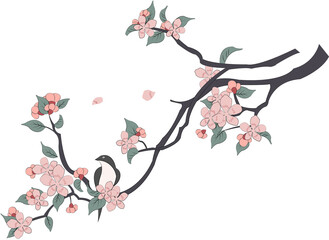 Retro Chinese style illustration birds standing on a blooming tree