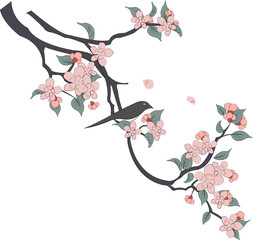 Retro Chinese style illustration birds standing on a blooming tree