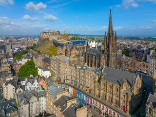 Old Town and Tolbooth Church on Royal Mile aerial view in Edinburgh, Scotland, UK. Old town Edinburgh is a UNESCO World Heritage Site since 1995. 