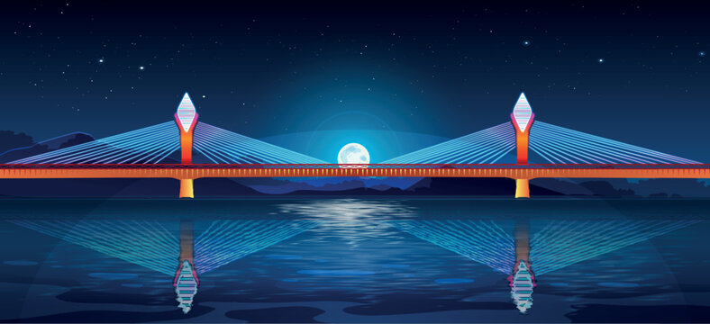 Durgam Cheruvu Cable Bridge in Hyderabad, Telangana, India - Night view Neon Vector