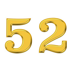 Gold 3d number 52, PNG transparent background, birthday celebrations, social media.