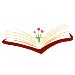 open bible with a sprout made of green crosses and red hearts, abstract logo on a white background