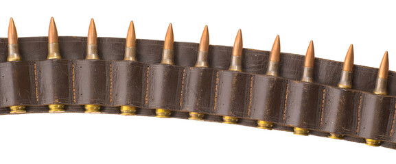 Leather bandolier with 7.62 ammunition isolated on white.