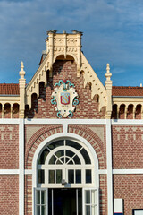 detail of the Abbeville railway station, of seaside regional style, is built a frame of wood with red brick cladding in the Somme department and in Hauts-de-France region in northern France