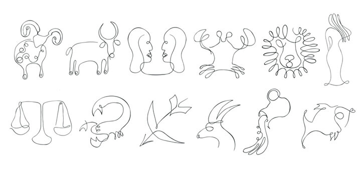Collection of zodiac signs on white background. Line art icons. Astrology