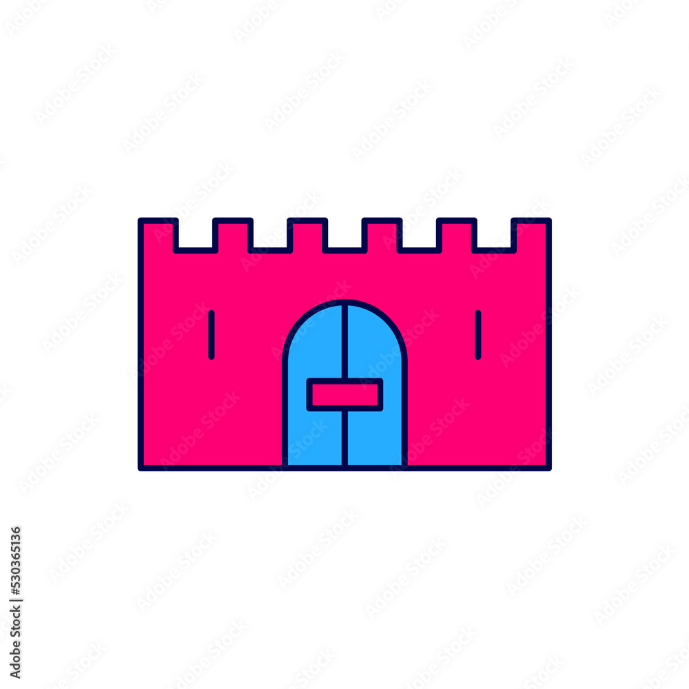 Sticker Filled outline Medieval castle gate in a stone wall icon isolated on white background. Medieval fortress. Protection from enemies. Vector