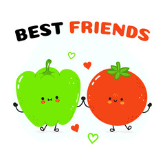 Green pepper and tomato card. Vector hand drawn doodle style cartoon character illustration icon design. Happy green pepper and tomato friends concept card