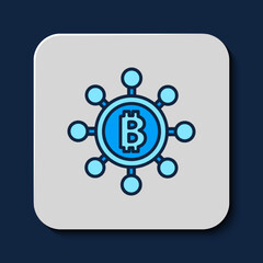 Filled outline Blockchain technology Bitcoin icon isolated on blue background. Abstract geometric block chain network technology business. Vector