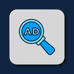 Filled outline Advertising icon isolated on blue background. Concept of marketing and promotion process. Responsive ads. Social media advertising. Vector
