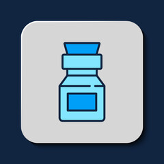 Filled outline Poison in bottle icon isolated on blue background. Bottle of poison or poisonous chemical toxin. Vector