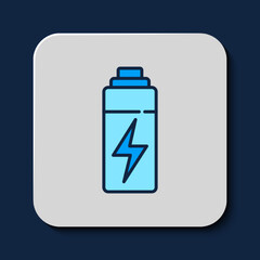 Filled outline Battery icon isolated on blue background. Lightning bolt symbol. Vector