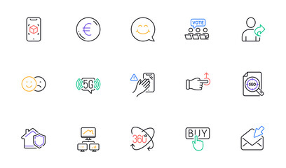 Refer friend, Smile face and Buying line icons for website, printing. Collection of Dont touch, Like, Online voting icons. 5g wifi, Augmented reality, Full rotation web elements. Vector