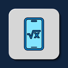 Filled outline Square root of x glyph icon isolated on blue background. Mathematical expression. Vector