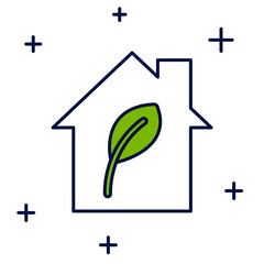 Filled outline Eco friendly house icon isolated on white background. Eco house with leaf. Vector
