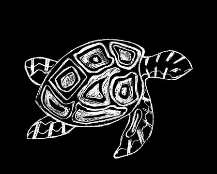  Decorative white sea turtle on a black background