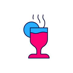 Filled outline Mulled wine with glass of drink and ingredients icon isolated on white background. Cinnamon stick, clove, lemon slice. Vector